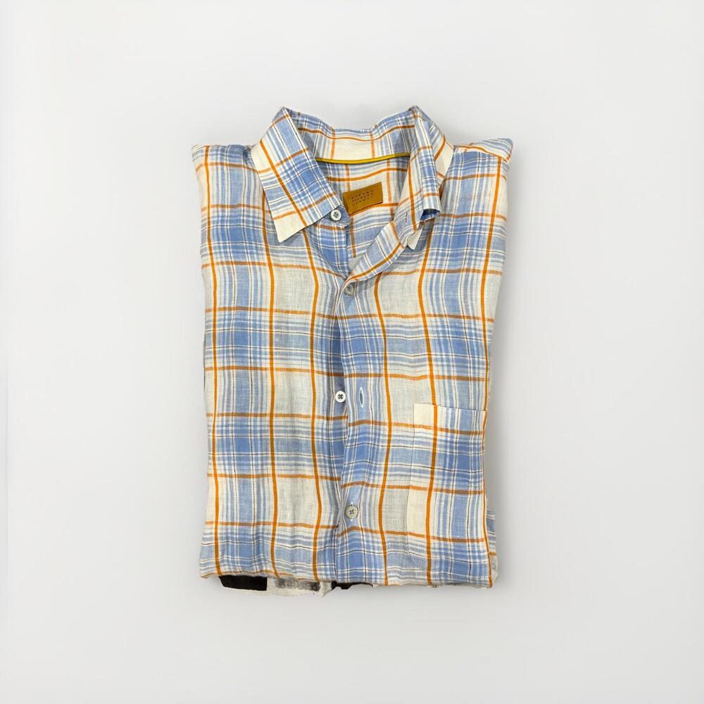 ROBERT TALBOTT CARMEL 100% LINEN MENS BUTTON SHIRT SIZE LARGE BLUE ORANGE PLAID